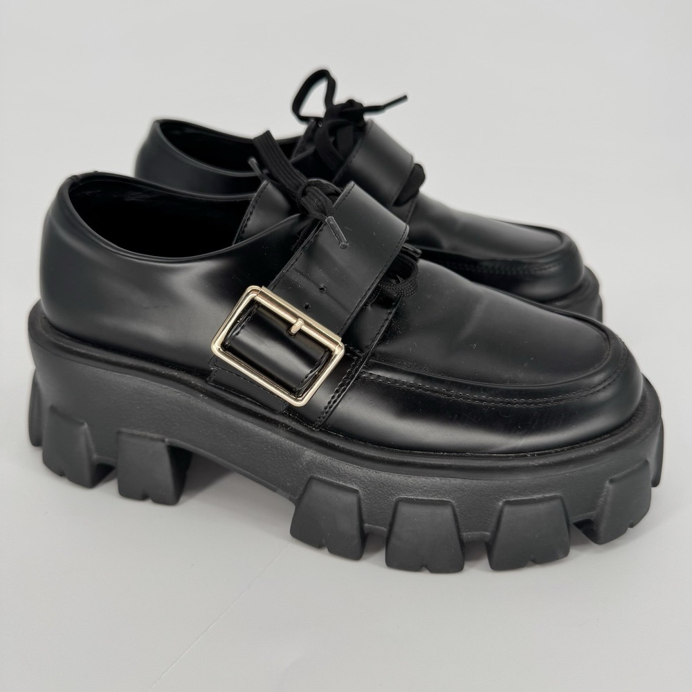 Princess Polly Black Platform Loafers Chunky Lug Sole Buckle‎ Goth Grunge Size 6
